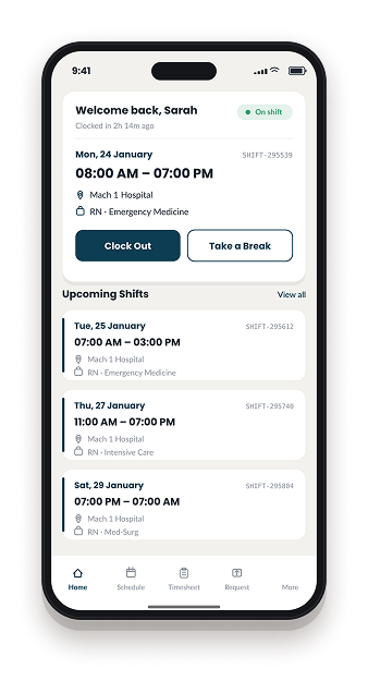 Worker mobile app home screen showing the current shift with clock-out and break controls, plus a list of upcoming shifts.